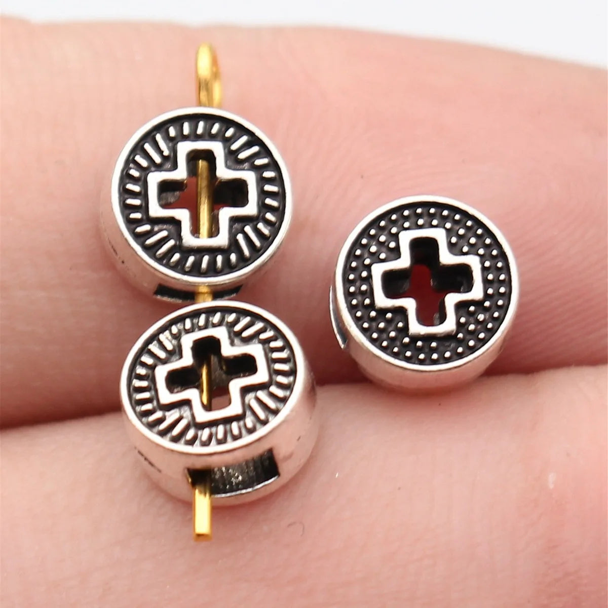 8x8x4.5mm 0.73g Antique Silver Zinc Alloy Round Cross Loose Metal Hollow Double Sided Beads for Bracelet Jewelry Making