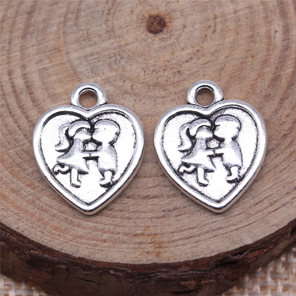 16x13mm 1.3g Antique Silver Zinc Alloy Couple Heart Charm Pendant for Necklace Bracelet Making