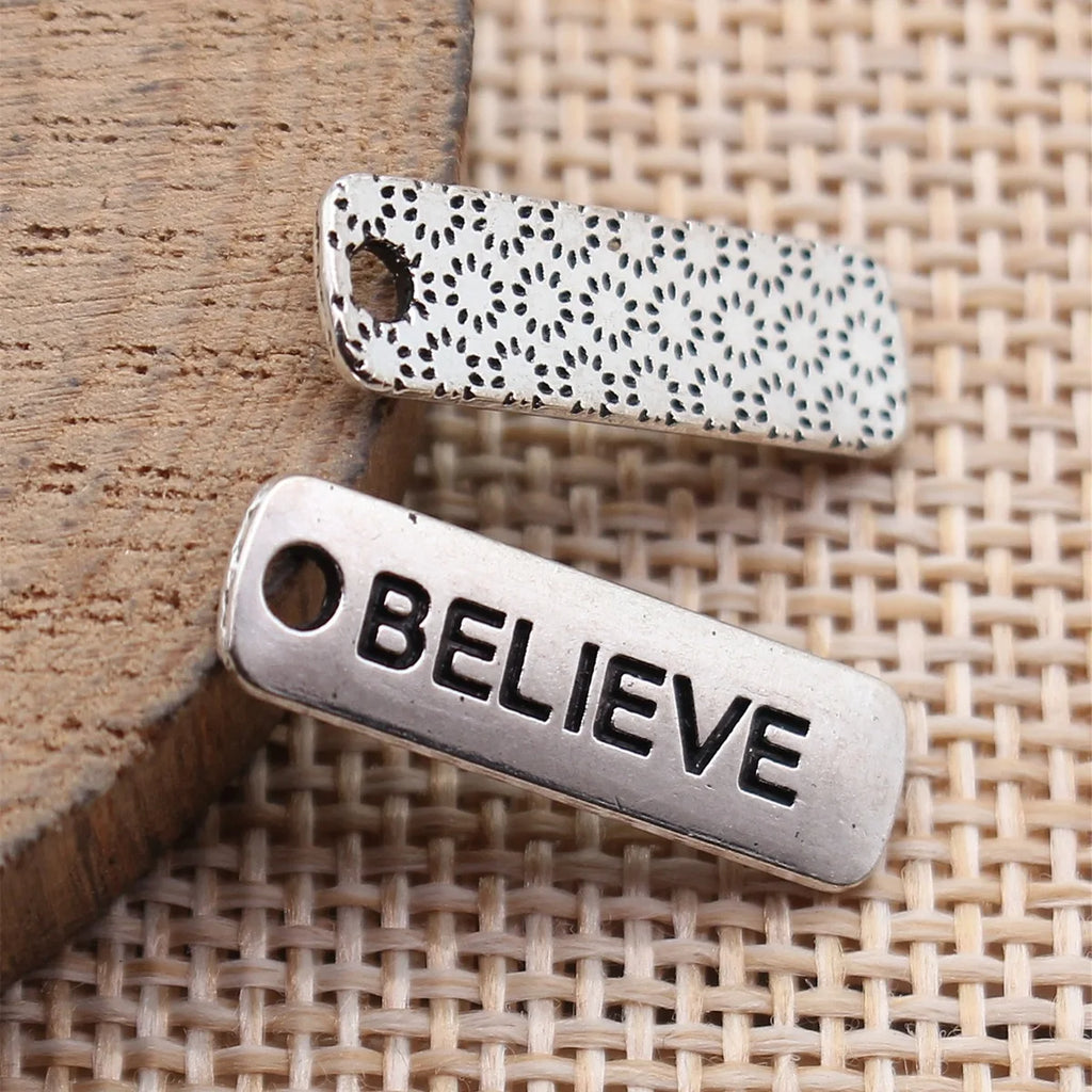 22x6.4mm 0.8g Antique Silver Zinc Alloy Believe Word Tag Charm Pendant for DIY Bracelet Necklace