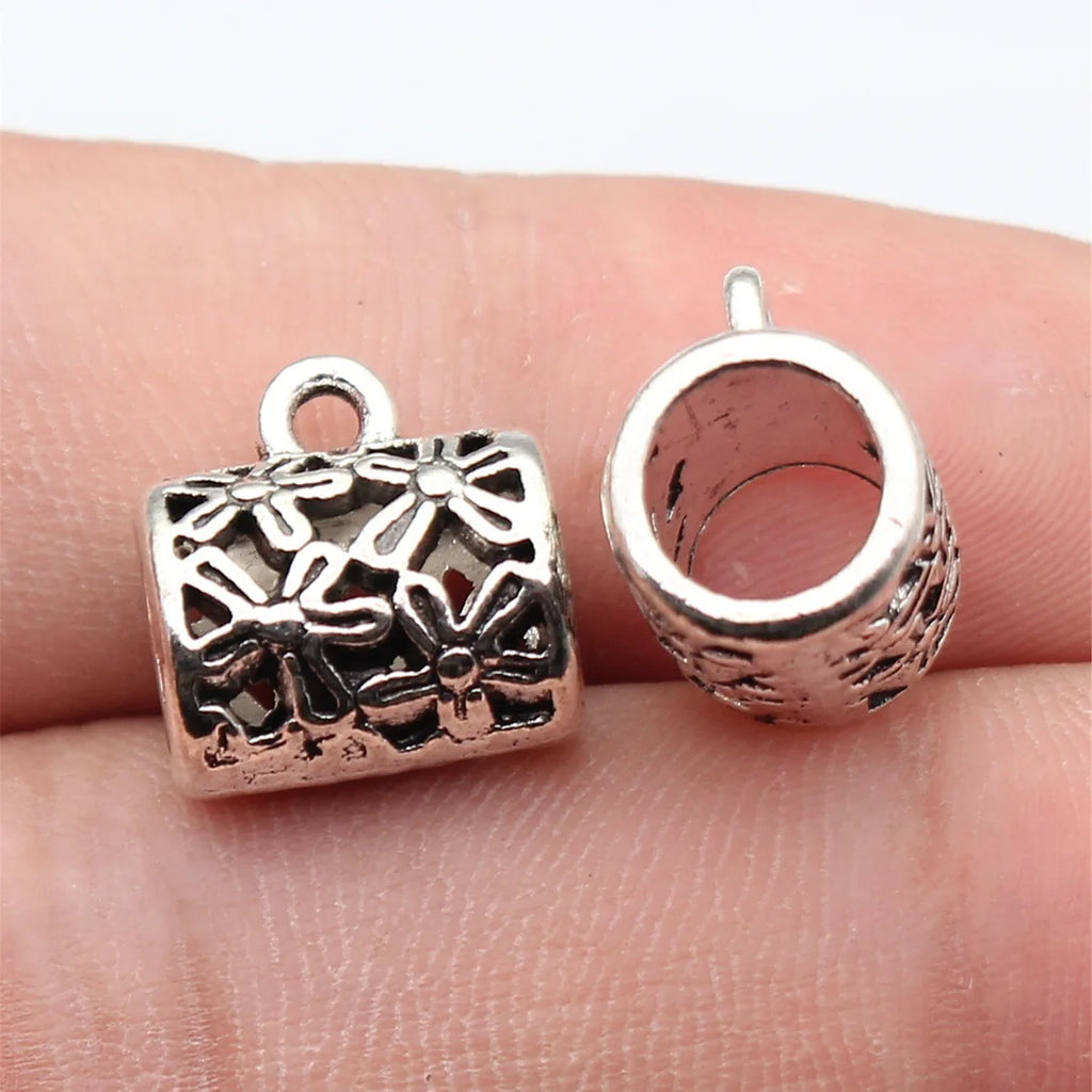 13.6x13x10mm 2.7g Antique Silver Zinc Alloy Hollow Flower Large Hole Three Way Bail Bead for DIY Jewelry