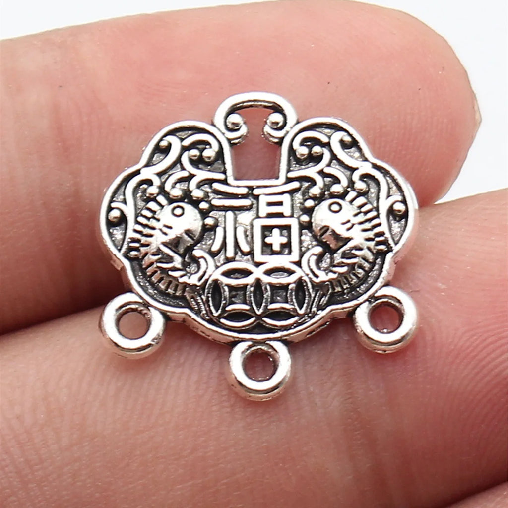 20x20mm 3.5g Antique Silver Zinc Alloy Double Sided Fu Lock Connector Charm for DIY Bracelet Making