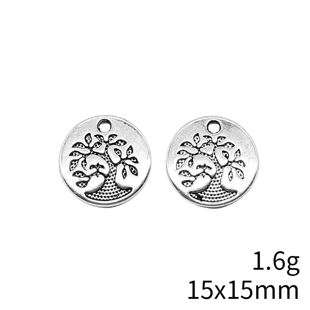 15x15mm 1.6g Antique Silver Zinc Alloy Round Tree Pattern Charm Pendant for DIY Necklace Bracelet Making