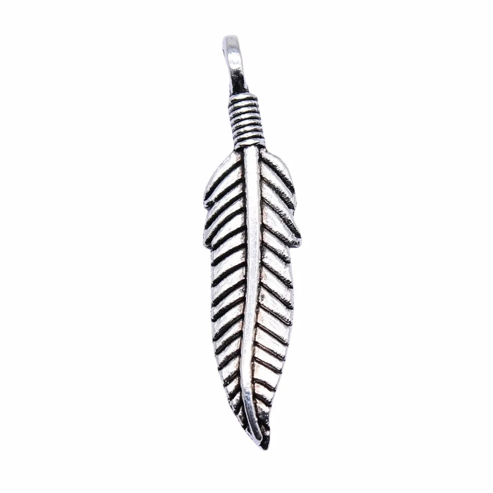 37x8mm 1.4g Antique Silver Zinc Alloy Feather Charm Pendant for DIY Earrings Necklace Bracelet Making