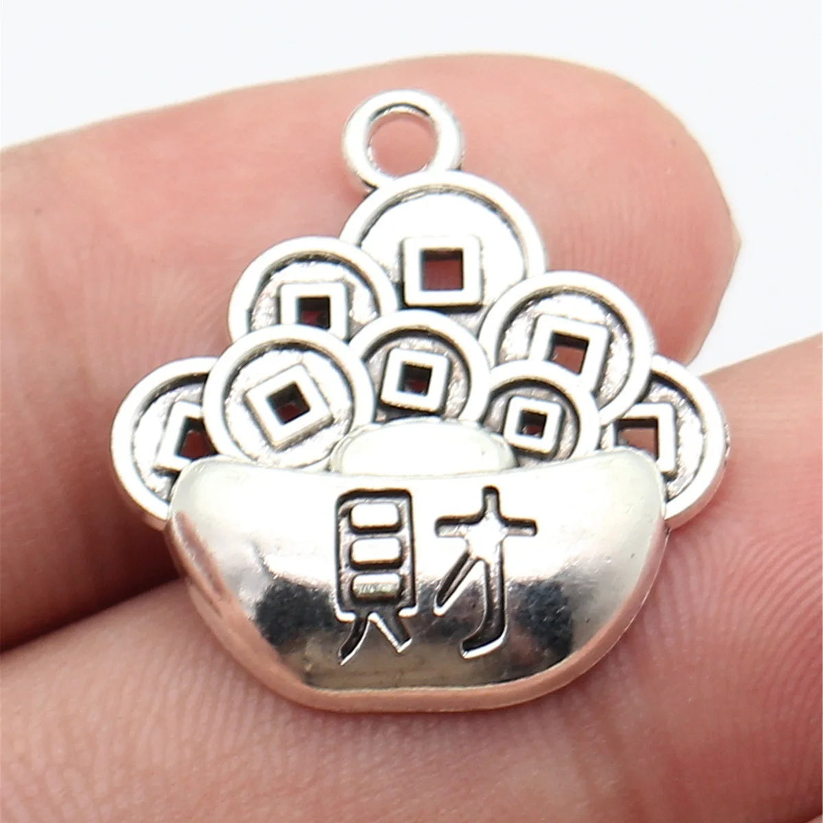25x23mm 2.6g Antique Silver Zinc Alloy Chinese Coin Wealth Character Ingot Charm Pendant for DIY Jewelry