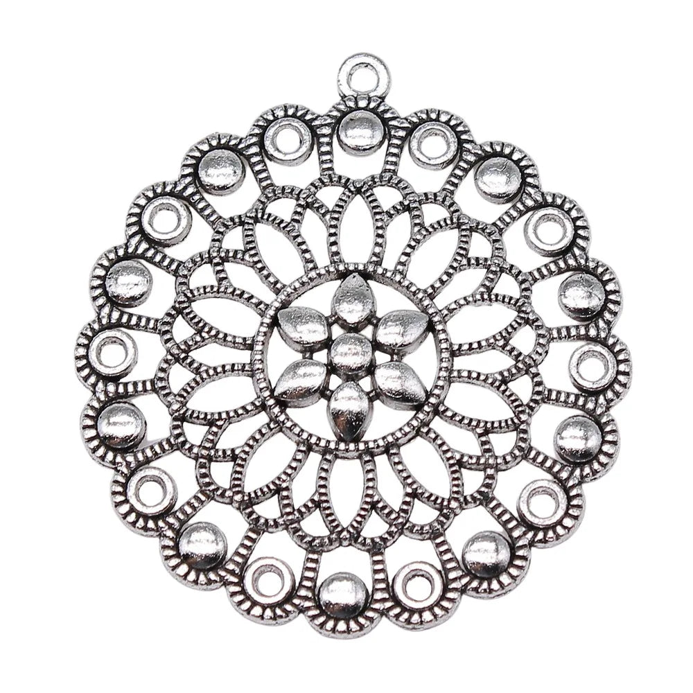 57x53mm 13g Antique Silver Zinc Alloy Floral Round Disc Bohemian Charm Pendant for DIY Jewelry