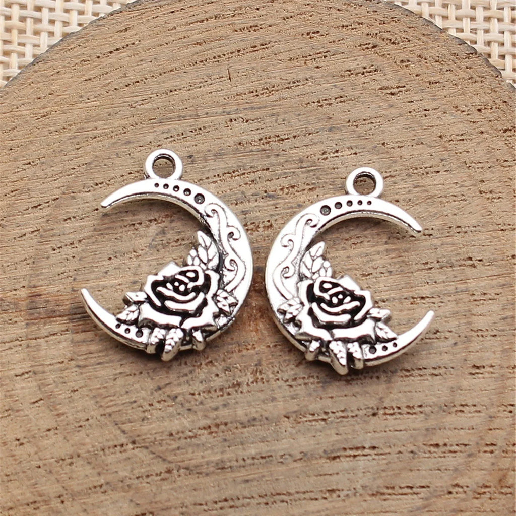 20x15mm 1.7g Antique Silver Zinc Alloy Moon Rose Charm Pendant for DIY Necklace Bracelet Jewelry Making