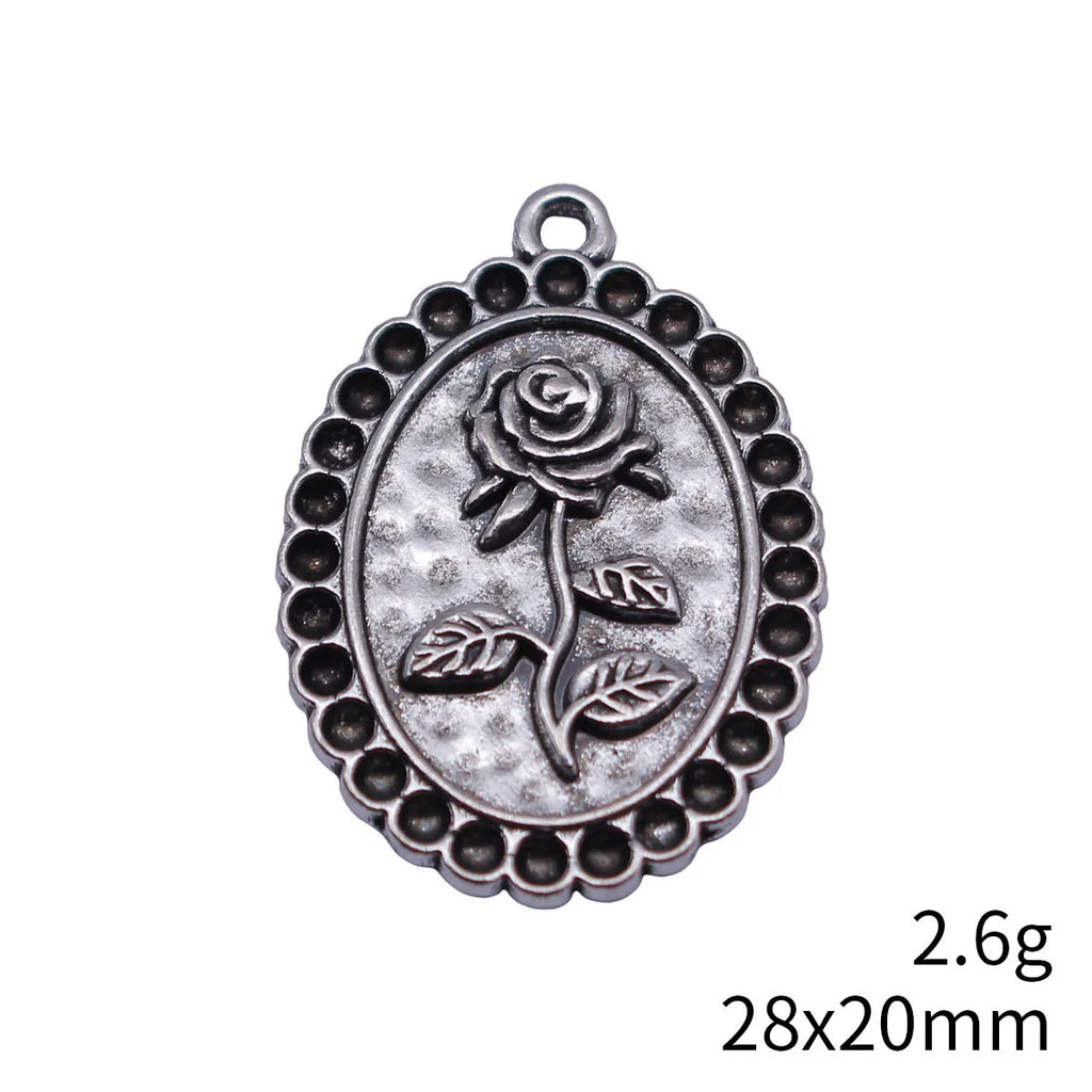 28x20mm 2.6g Antique Silver Zinc Alloy Oval Rose Flower Charm Pendant for DIY Necklace Making