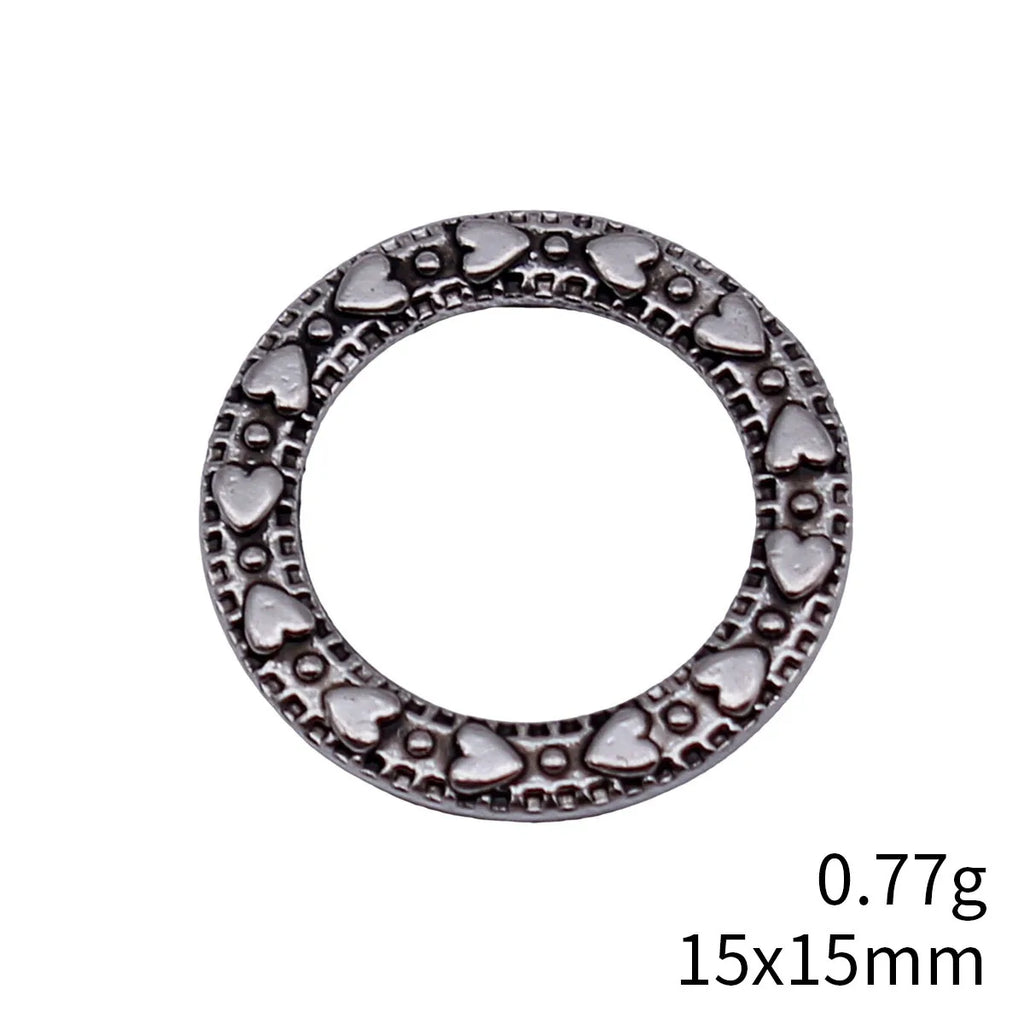 15x15mm 0.77g Antique Silver Zinc Alloy Heart Pattern Round Ring Double Sided Connector Charm for DIY Jewelry Making