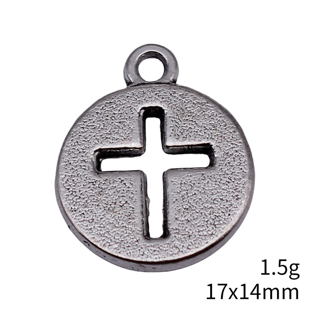 17x14mm 1.5g Antique Silver Zinc Alloy Cross Round Tag Hollow Double Sided Charm Pendant for DIY Religious Jewelry