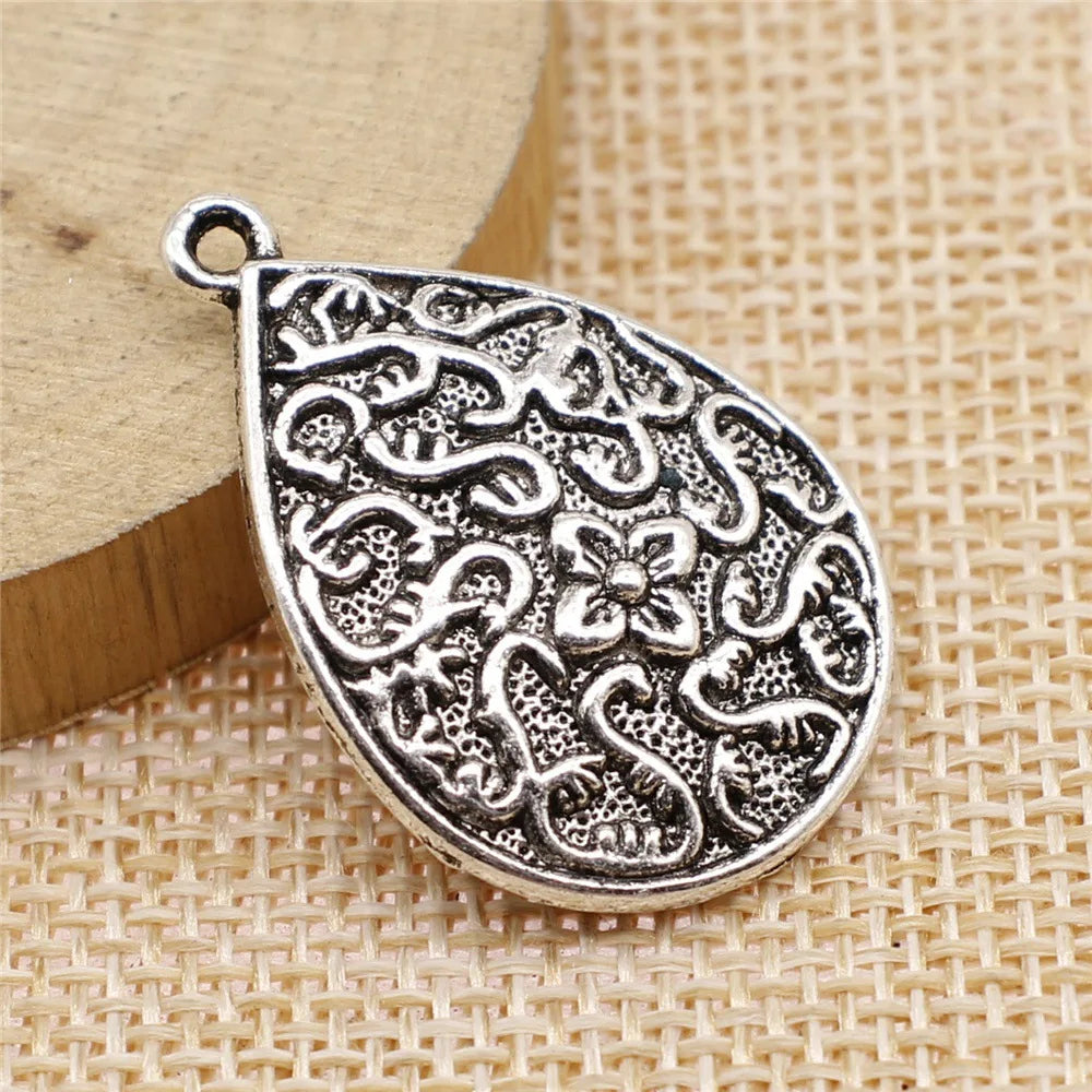 22x33mm 4.3g Antique Silver Zinc Alloy Carved Teardrop Charm Pendant for DIY Necklace Jewelry