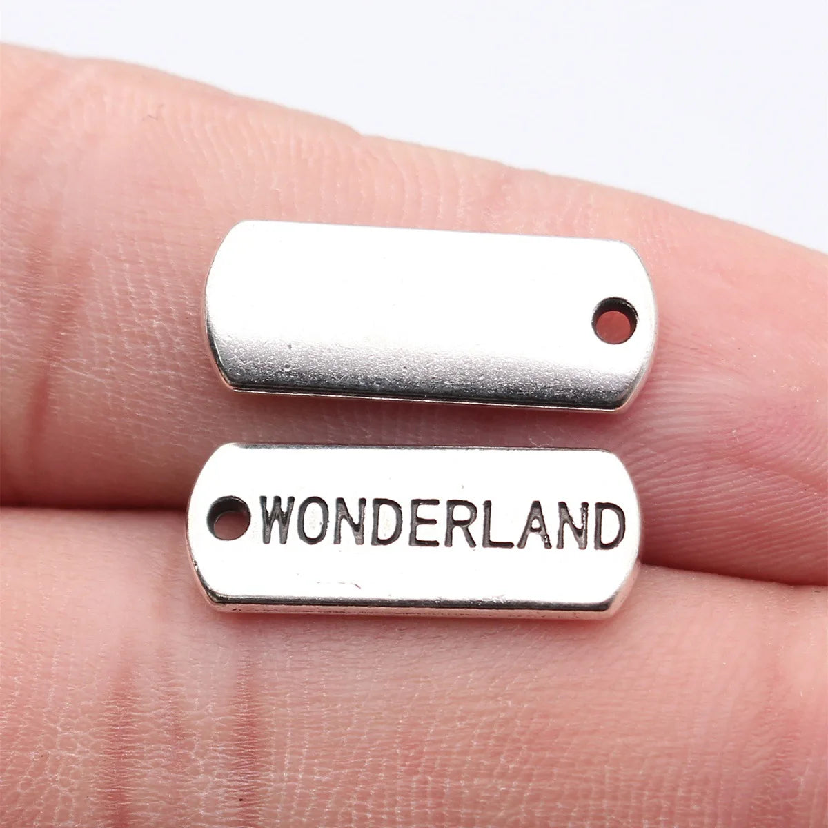 21x8mm 2g Antique Silver Zinc Alloy WONDERLAND Tag Charm Pendant for DIY Necklace Jewelry Making