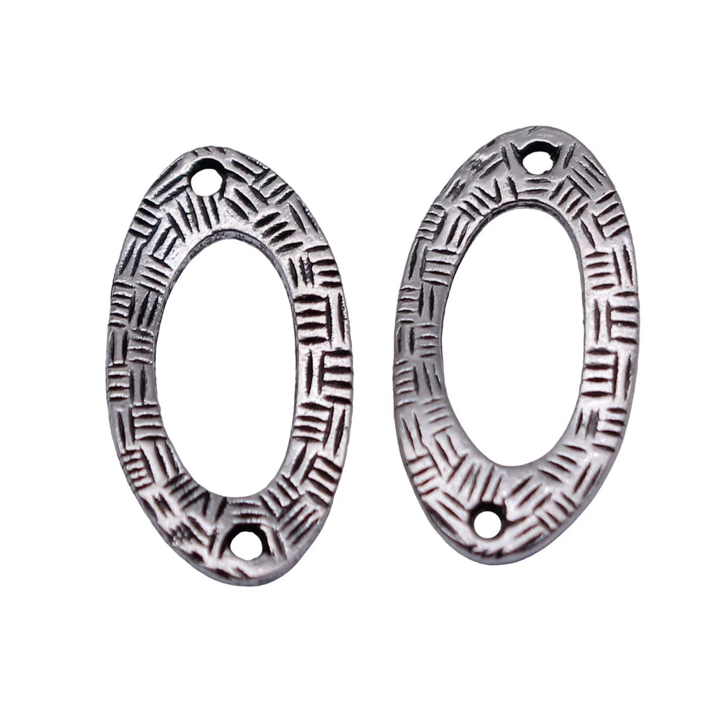 23x12mm 1.1g Antique Silver Tone Zinc Alloy Textured Hollow Oval Round Connector Charm for DIY Earrings