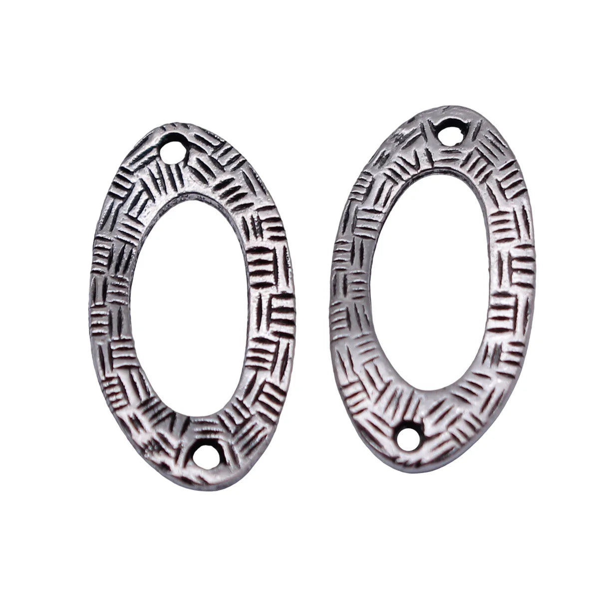 23x12mm 1.1g Antique Silver Tone Zinc Alloy Textured Hollow Oval Round Connector Charm for DIY Earrings