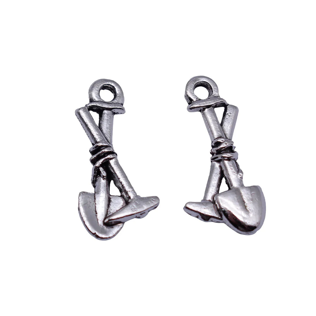 19x8.8mm 0.57g Antique Silver Zinc Alloy Tool Hoe and Shovel Charm Pendant for DIY Garden Theme Jewelry