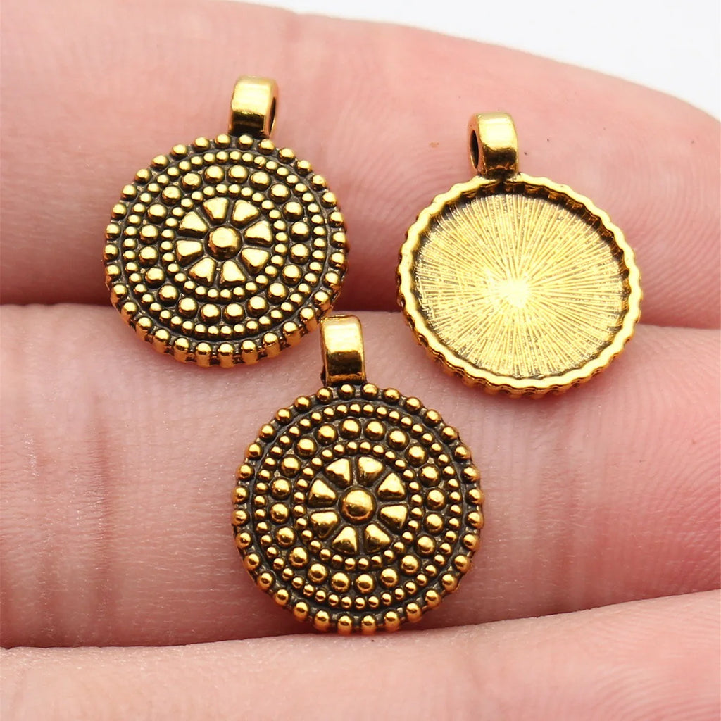 17x13mm 0.86g Antique Gold Tone Zinc Alloy Textured Round Disc Ring Charm Pendant for DIY Necklace Making
