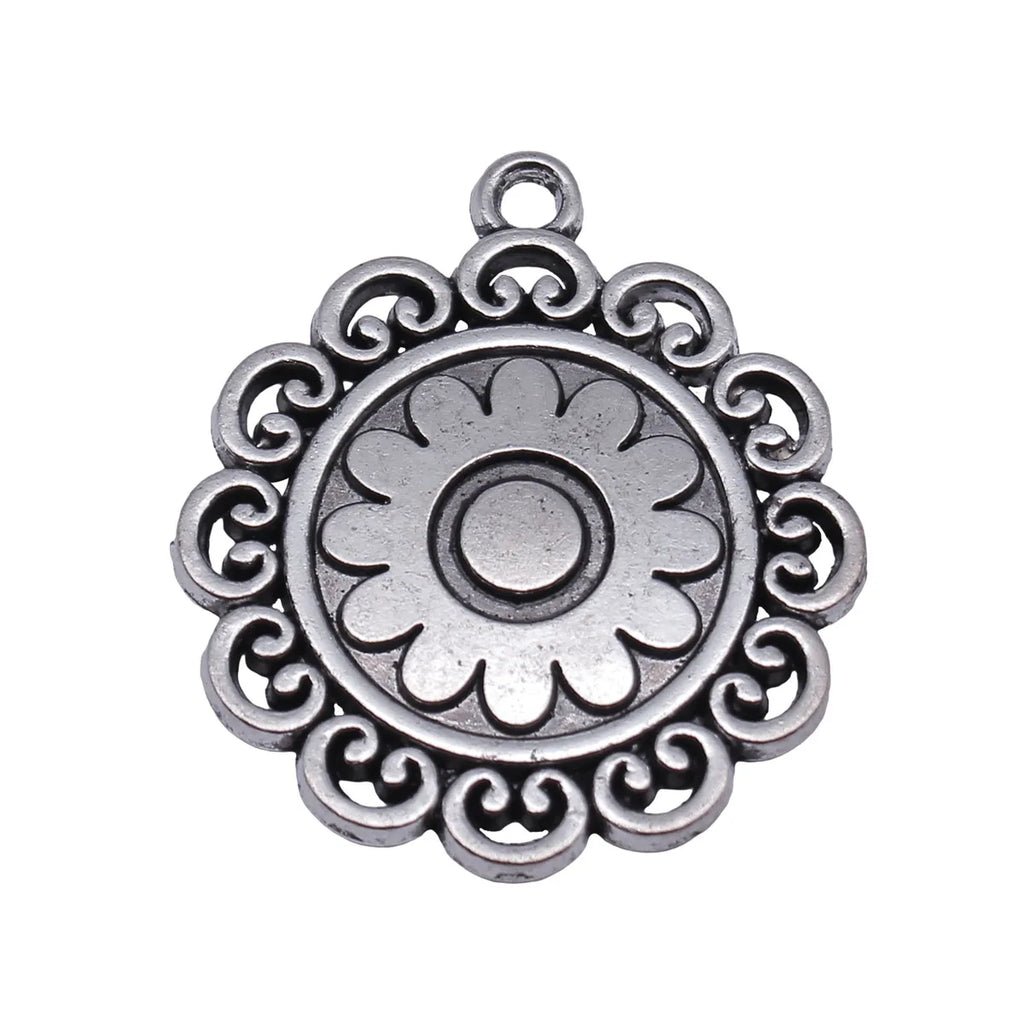 34x30mm 6.1g Antique Silver Zinc Alloy Round Swirl Border Flower Charm Pendant for Necklace Making
