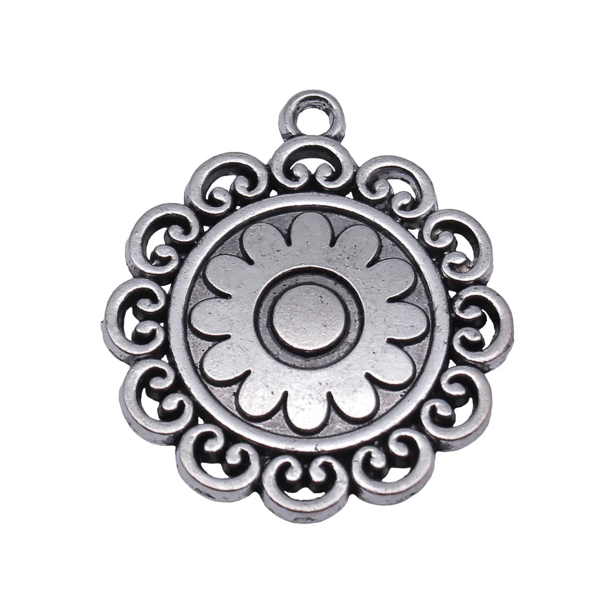 34x30mm 6.1g Antique Silver Zinc Alloy Round Swirl Border Flower Charm Pendant for Necklace Making