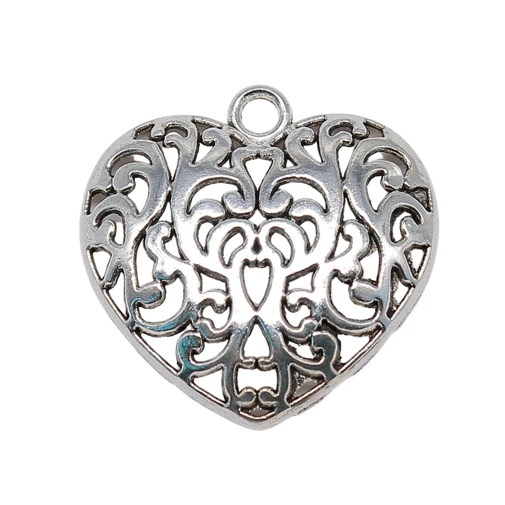 35x35mm 4.3g Antique Silver Zinc Alloy Semi 3D Carved Heart Charm Pendant for DIY Necklace Jewelry