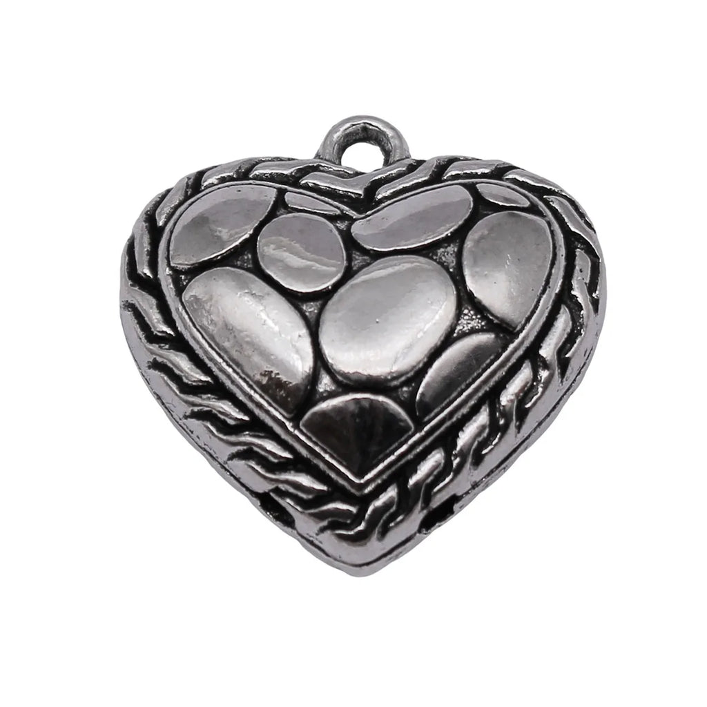 25x25x12mm 8.3g Antique Silver Zinc Alloy Pebble Texture Heart Charm Pendant for DIY Necklace Making