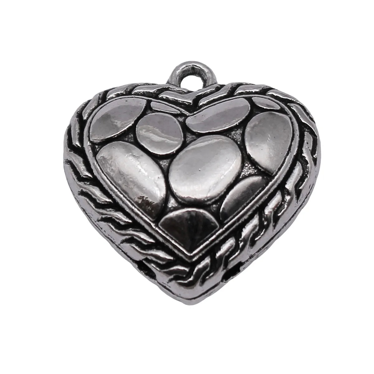 25x25x12mm 8.3g Antique Silver Zinc Alloy Pebble Texture Heart Charm Pendant for DIY Necklace Making