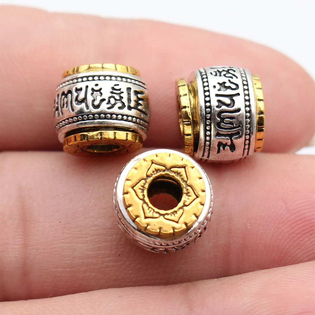 12x12x9.4mm 3.3g Antique Silver and Antique Gold Zinc Alloy Six-Word Mantra Spacer Beads for Bracelet Making