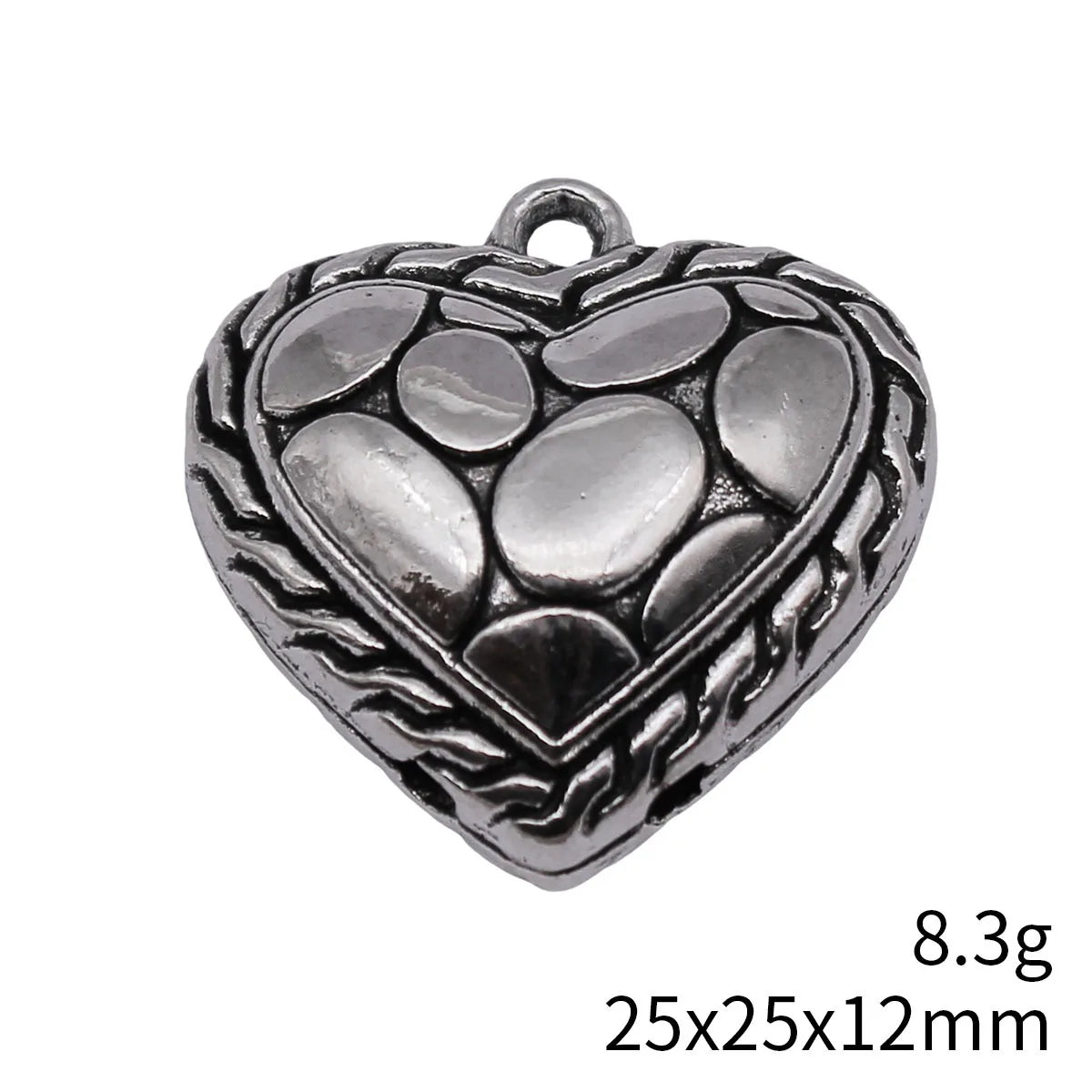 25x25x12mm 8.3g Antique Silver Zinc Alloy Pebble Texture Heart Charm Pendant for DIY Necklace Making