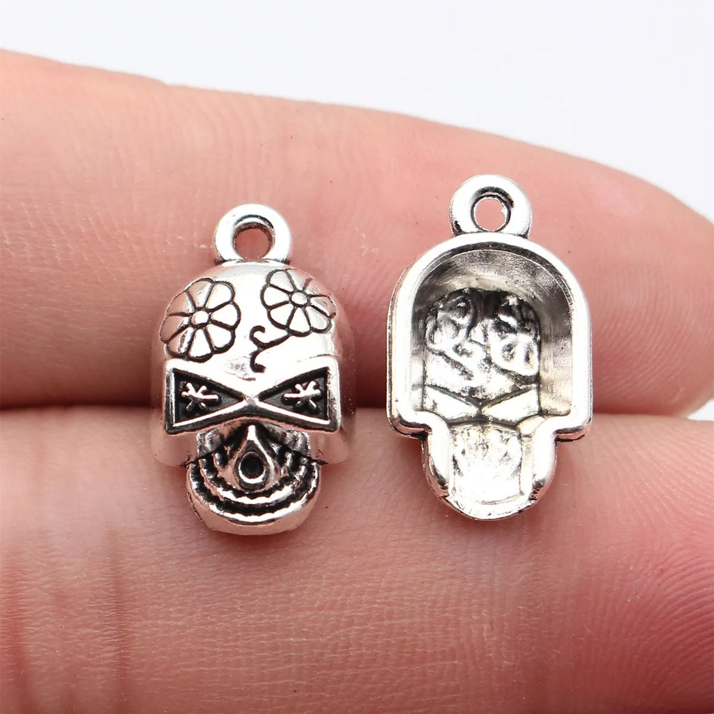 20x12mm 2.1g Antique Silver Tone Zinc Alloy Flower Skull Charm Pendant for DIY Jewelry Making