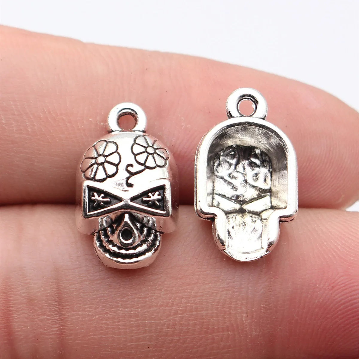 20x12mm 2.1g Antique Silver Tone Zinc Alloy Flower Skull Charm Pendant for DIY Jewelry Making