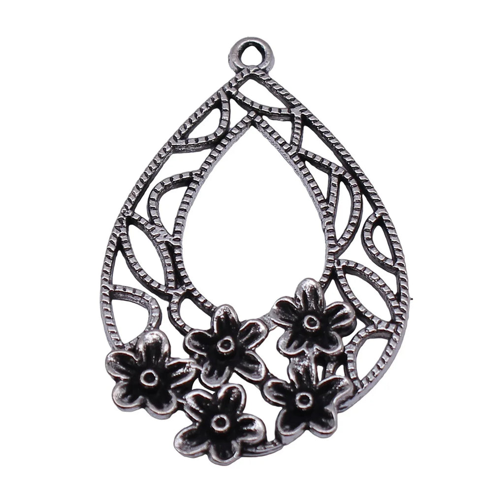 46x30mm 4.1g Antique Silver Zinc Alloy Hollow Flower Teardrop Earring Charms for DIY Jewelry Making