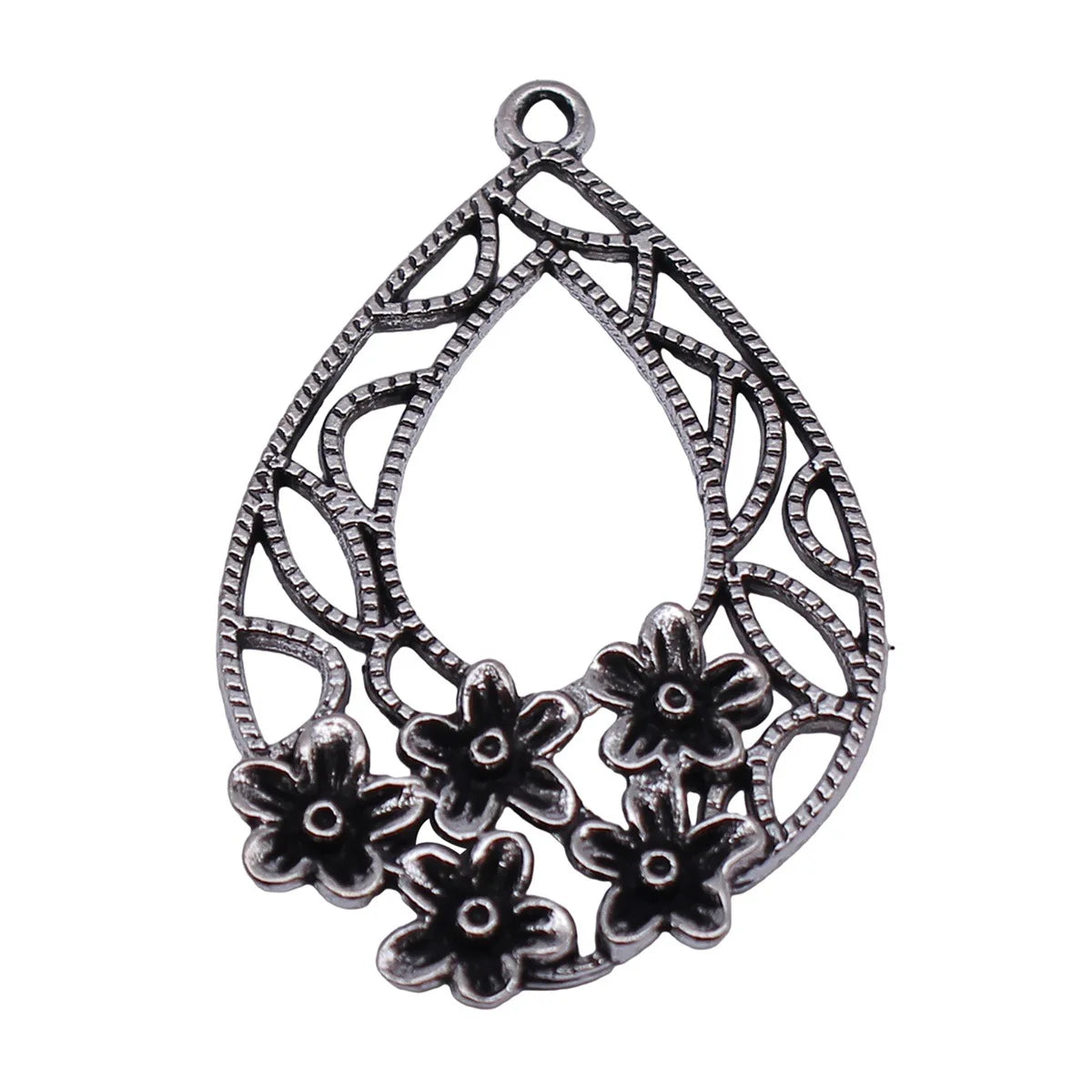 46x30mm 4.1g Antique Silver Zinc Alloy Hollow Flower Teardrop Earring Charms for DIY Jewelry Making
