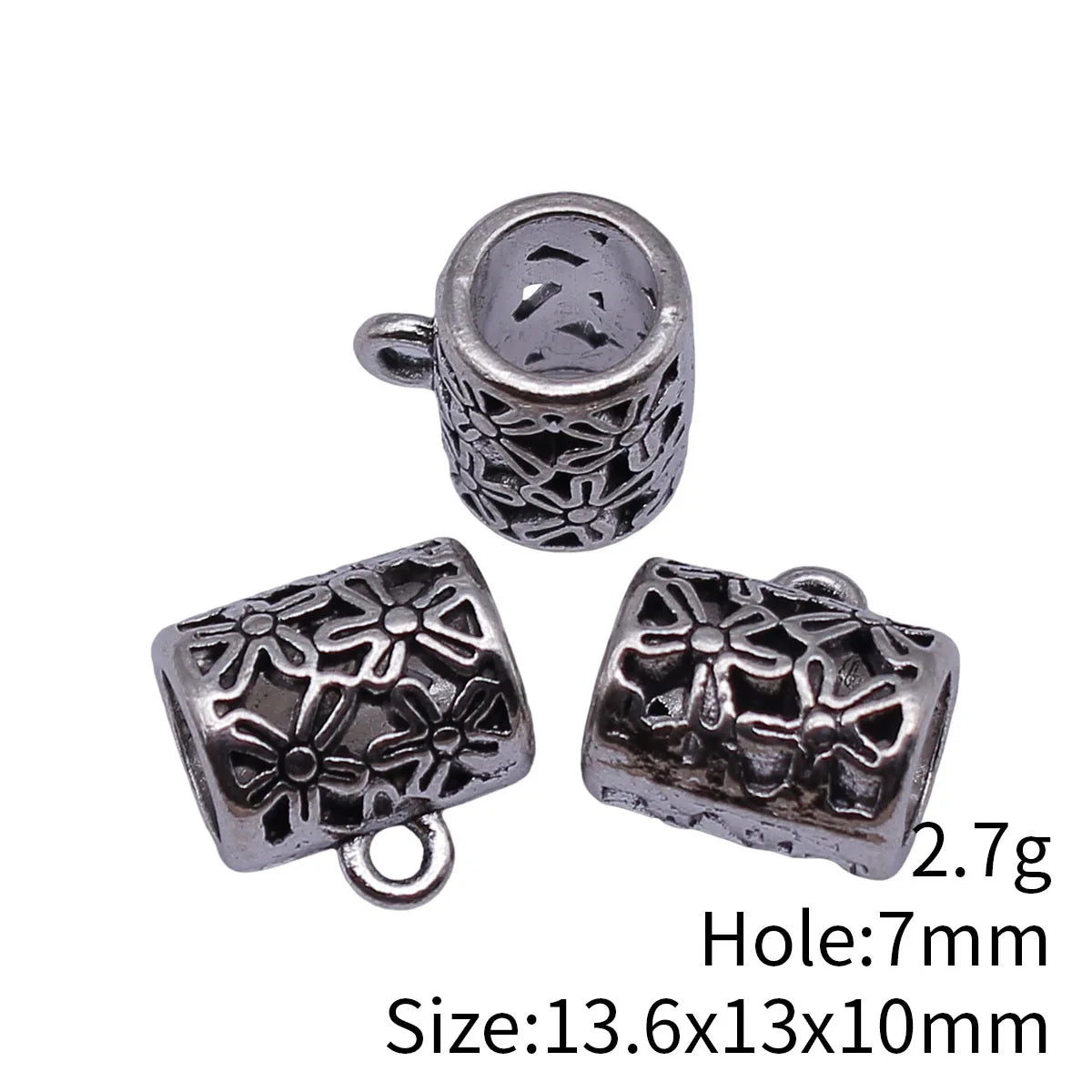 13.6x13x10mm 2.7g Antique Silver Zinc Alloy Hollow Flower Large Hole Three Way Bail Bead for DIY Jewelry