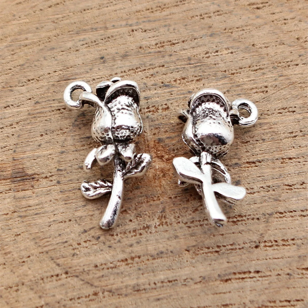 17x9.3x6.3mm 1.6g Antique Silver Zinc Alloy Rose Flower Charm Pendant for DIY Necklace Bracelet Making