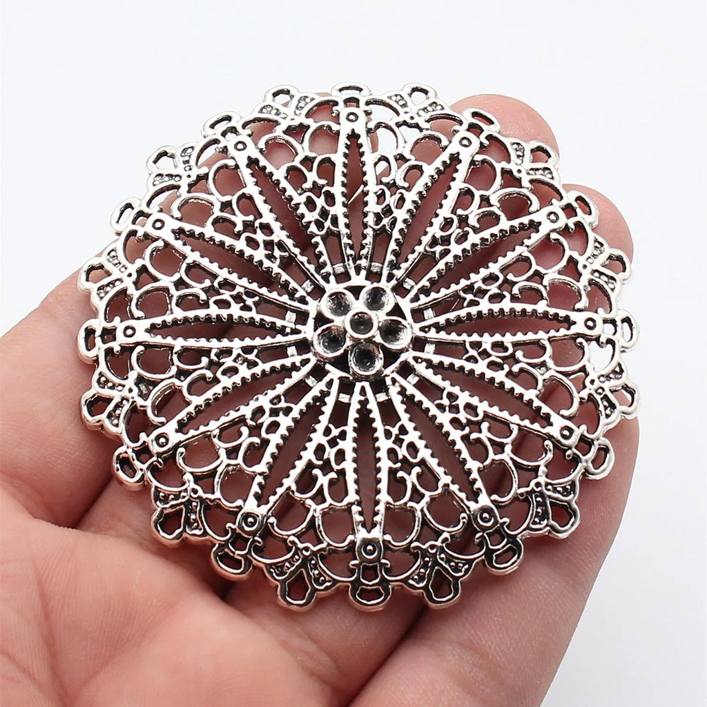 75x75mm 31g Antique Silver Zinc Alloy Hollow Round Floral Charm Pendant for DIY Statement Necklace Making