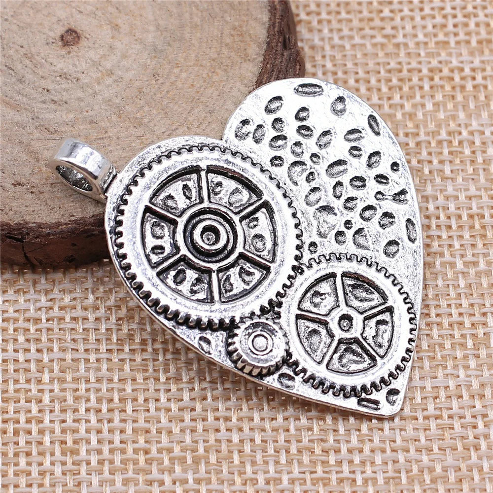 48x38mm 11.4g Antique Silver Zinc Alloy Heart Gear Charm Pendant for DIY Necklace Jewelry Making