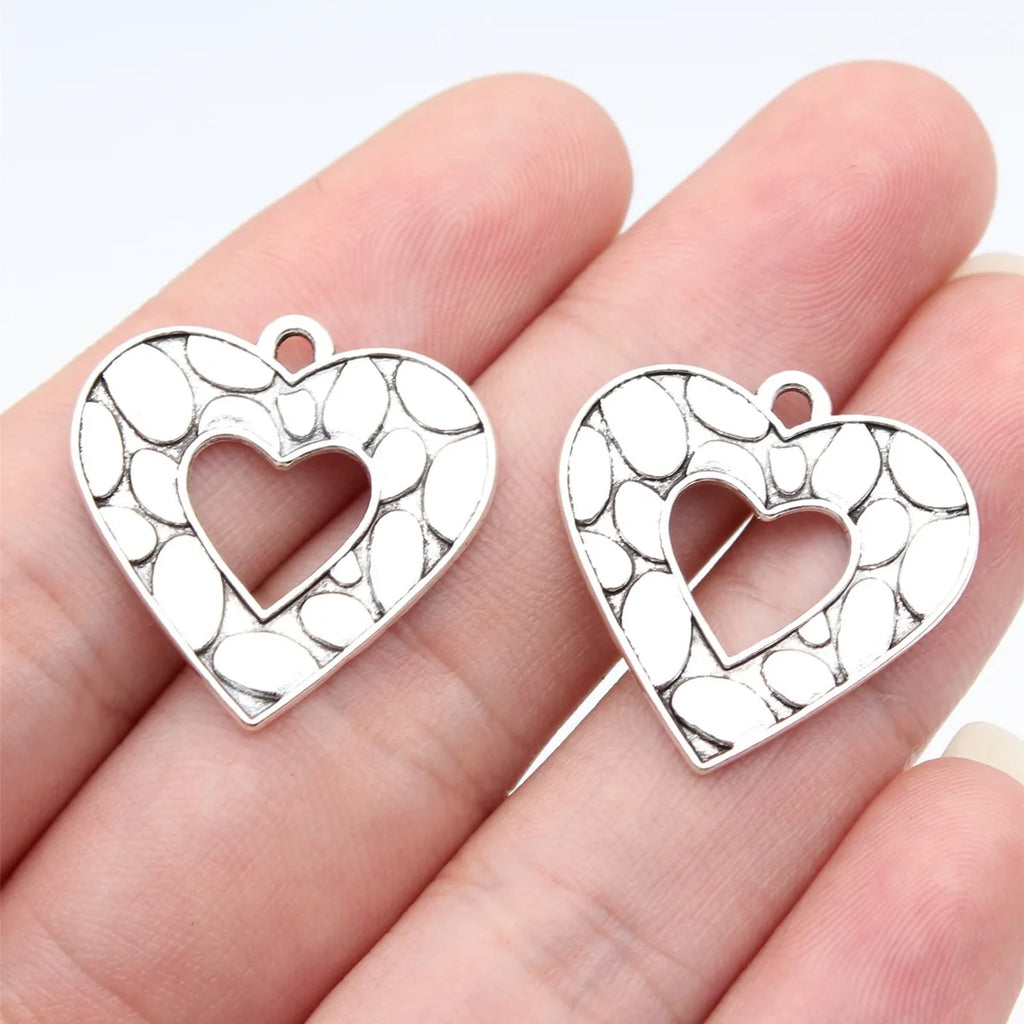 23x23mm 2.1g Antique Silver Zinc Alloy Heart Charm Pendant with Double Sided Pattern for DIY Jewelry