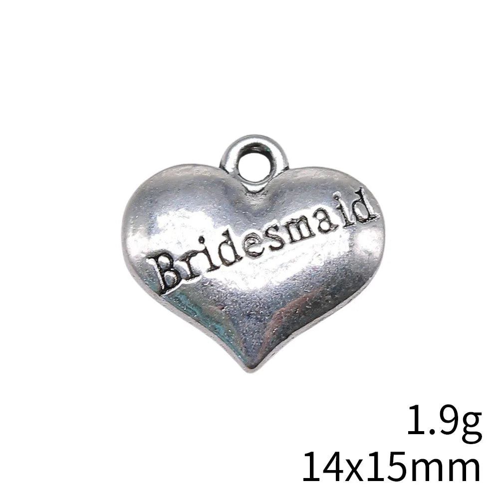 14x15mm 1.9g Antique Silver Zinc Alloy Bridesmaid Heart Double Sided Charm Pendant for Wedding Jewelry Making