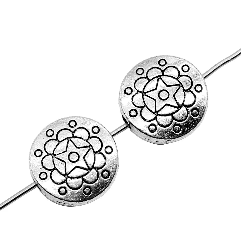 12.3x12.3mm 2.4g Antique Silver Zinc Alloy Round Pattern Flat Spacer Beads for Bracelet Jewelry Making
