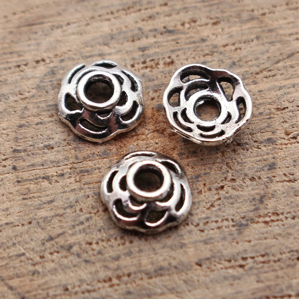 7.5x7.3x2.5mm 0.19g Antique Silver Zinc Alloy Hollow Flower Bead Caps for Bracelet Necklace Jewelry Making