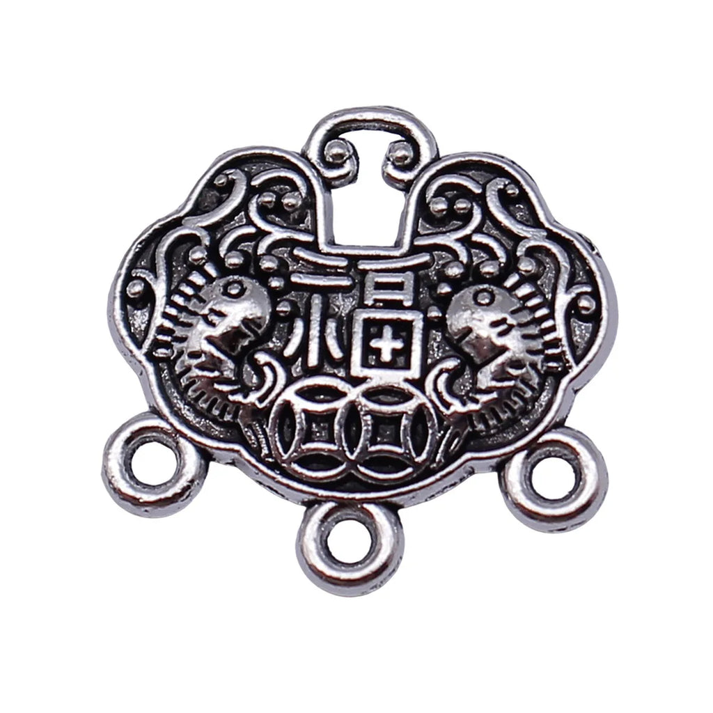 20x20mm 3.5g Antique Silver Zinc Alloy Double Sided Fu Lock Connector Charm for DIY Bracelet Making