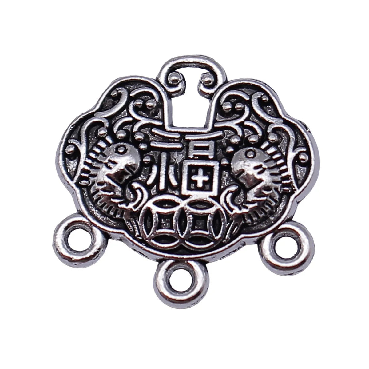 20x20mm 3.5g Antique Silver Zinc Alloy Double Sided Fu Lock Connector Charm for DIY Bracelet Making