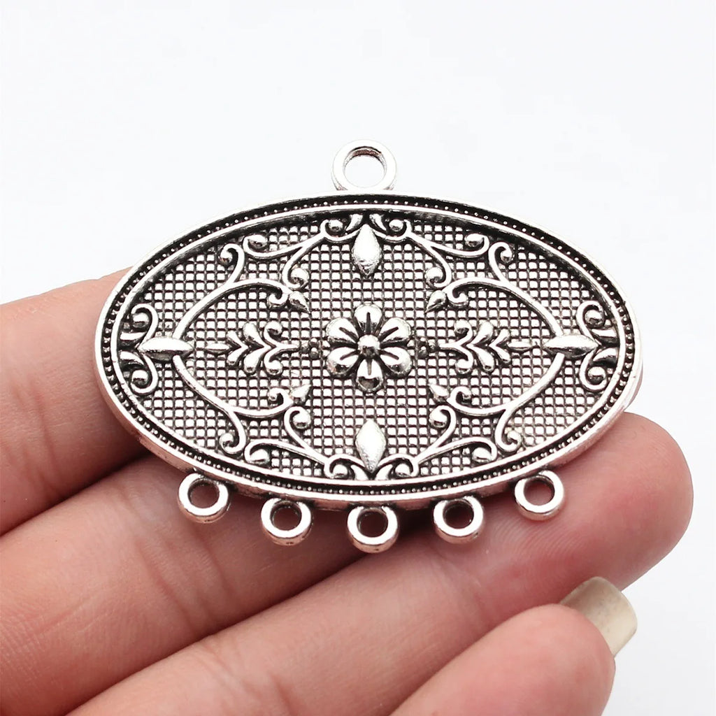 57x46mm 15g Antique Silver Zinc Alloy Oval Floral Texture Flower Connector Charm for DIY Necklace Bracelet