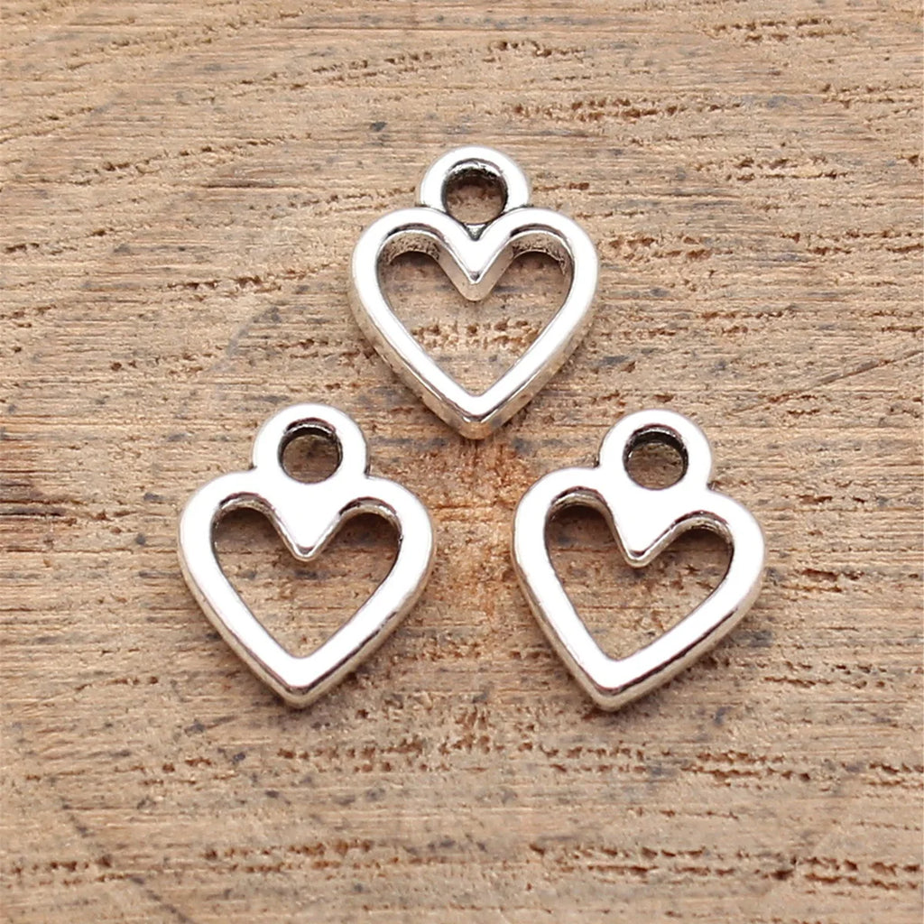 10x8mm 0.34g Antique Silver Zinc Alloy Hollow Heart Charm Pendant for DIY Necklace Bracelet Making