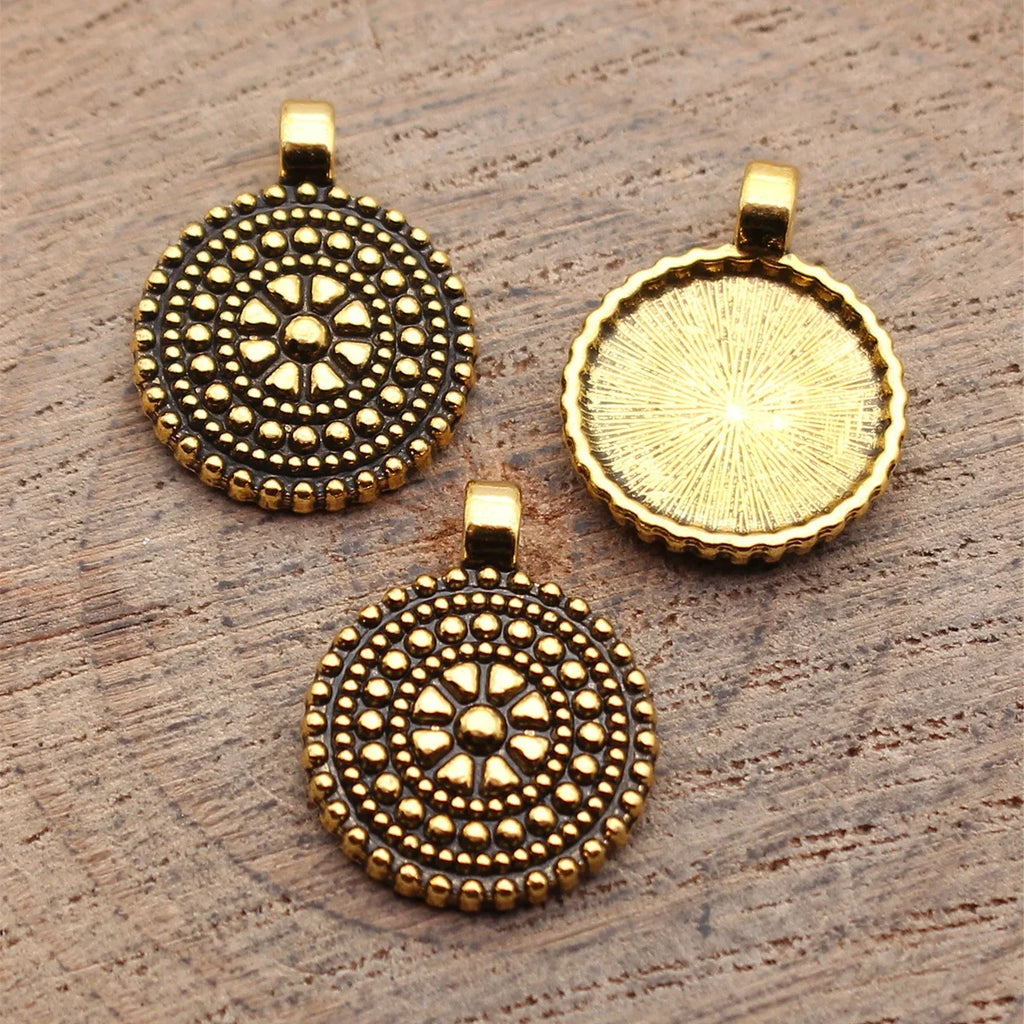 17x13mm 0.86g Antique Gold Tone Zinc Alloy Textured Round Disc Ring Charm Pendant for DIY Necklace Making