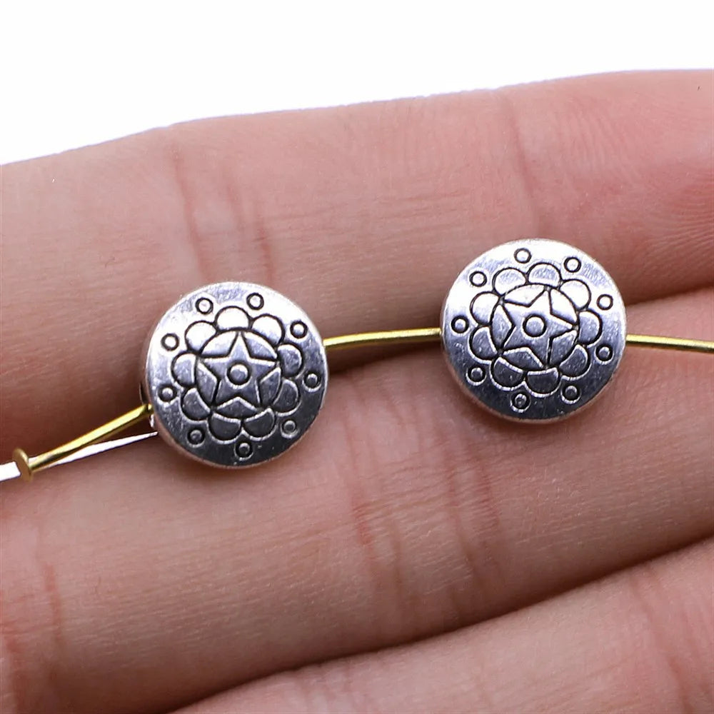 12.3x12.3mm 2.4g Antique Silver Zinc Alloy Round Pattern Flat Spacer Beads for Bracelet Jewelry Making
