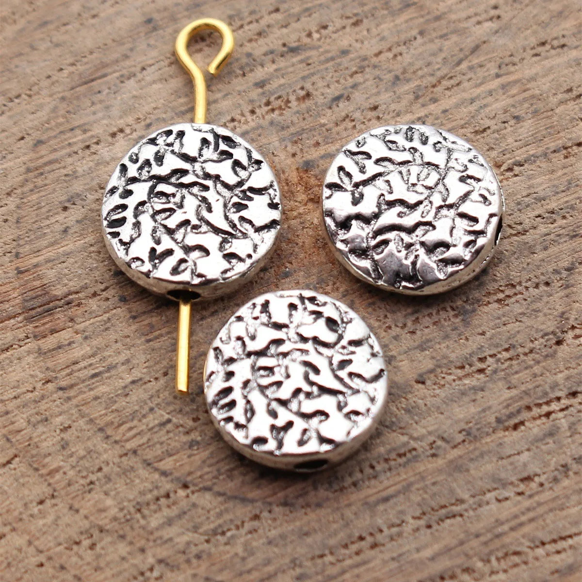 9.9x9.9x3.2mm 0.98g Antique Silver Tone Zinc Alloy Irregular Texture Round Flat Loose Metal Beads for DIY Jewelry