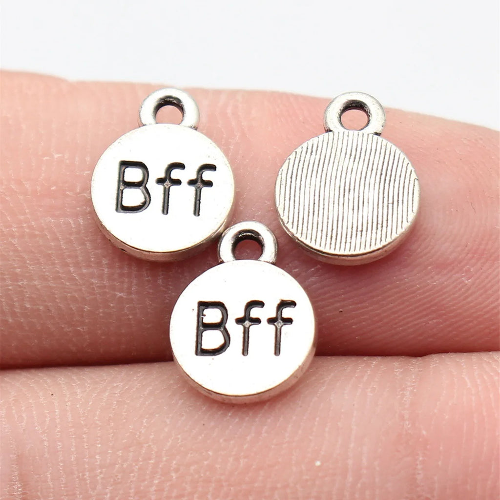 12x9mm 0.64g Antique Silver Zinc Alloy BFF Round Tag Charm Pendant for Bracelet Necklace Jewelry Making
