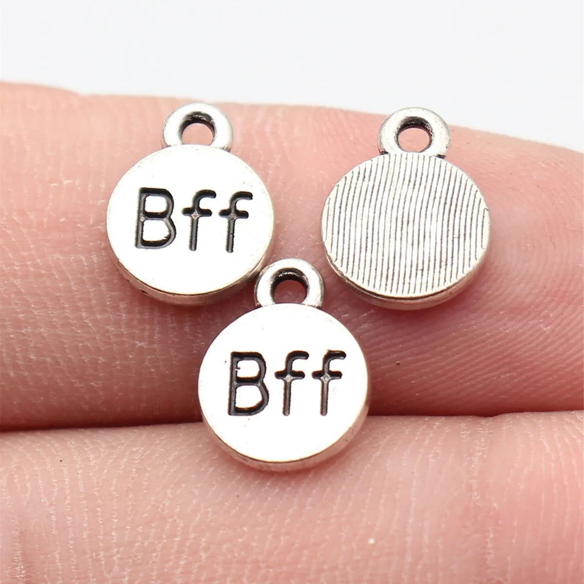 12x9mm 0.64g Antique Silver Zinc Alloy BFF Round Tag Charm Pendant for Bracelet Necklace Jewelry Making