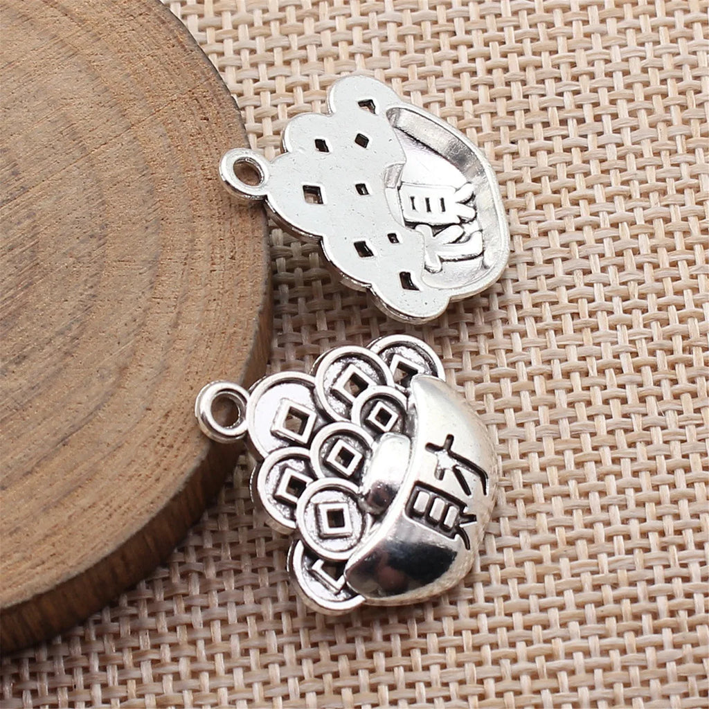 25x23mm 2.6g Antique Silver Zinc Alloy Chinese Coin Wealth Character Ingot Charm Pendant for DIY Jewelry