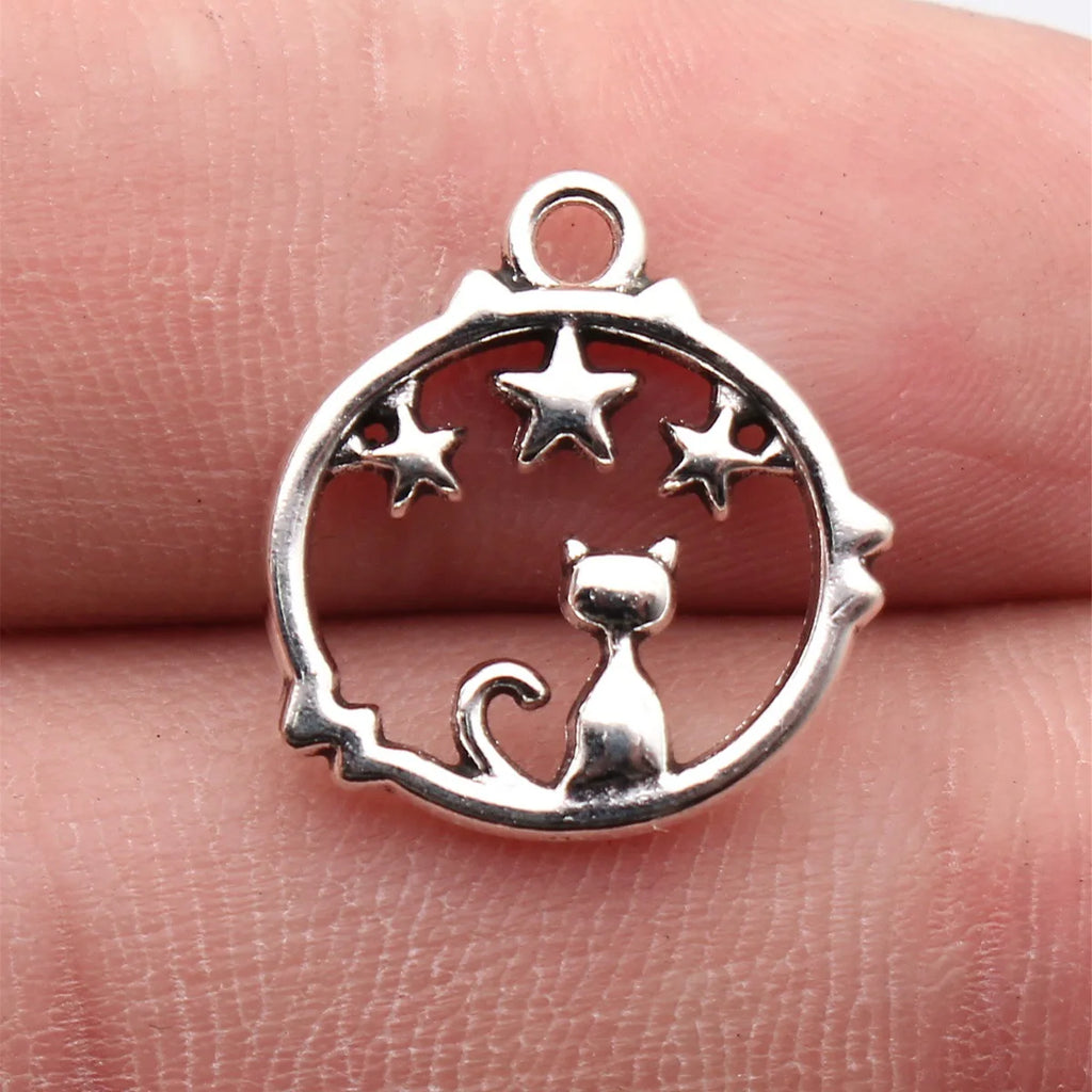 18x17mm 1.3g Multicolor Zinc Alloy Hollow Cat Star Round Ring Charm Pendant for DIY Necklace Jewelry