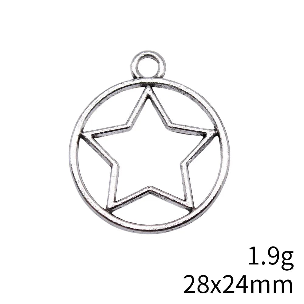 28x24mm 1.9g Antique Silver Zinc Alloy Round Five Point Star Charm Pendant for DIY Jewelry Making